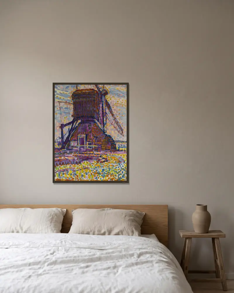 The Winkel Mill av Piet Mondrian inramad på en vägg