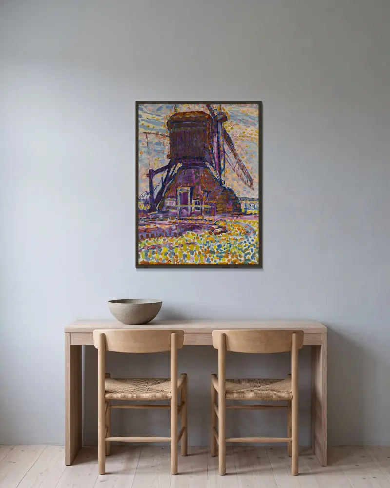 The Winkel Mill av Piet Mondrian inramad på en vägg