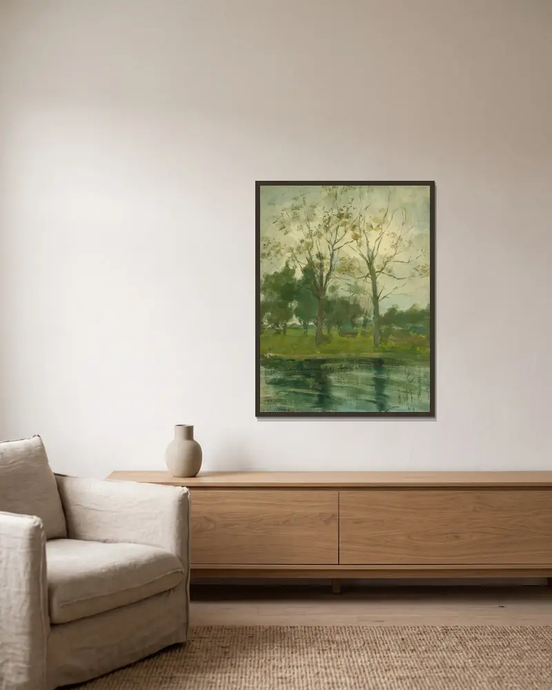 Two Trees Silhouetted Behind A Water Course av Piet Mondrian inramad på en vägg