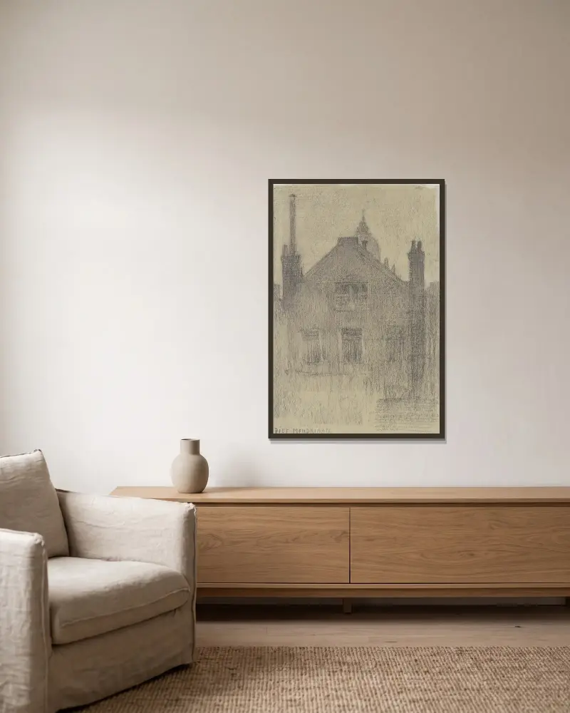 Övre fasaden på ett hus vid Hemonylaan, Amsterdam av Piet Mondrian inramad på en vägg