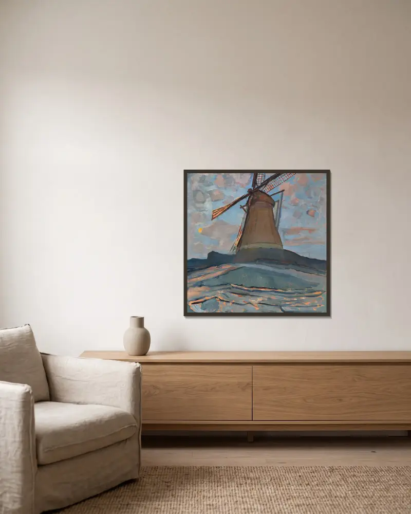 Windmühle von Piet Mondrian gerahmt an einer Wand