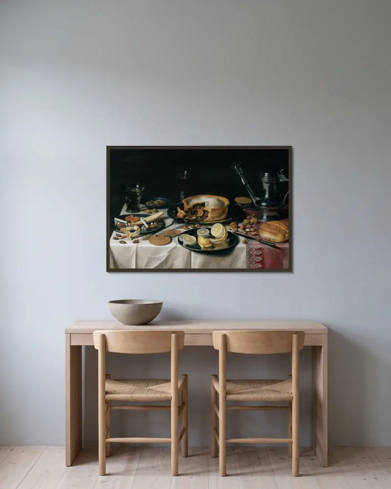 Still Life, 1625 av Pieter Claesz inramad på en vägg