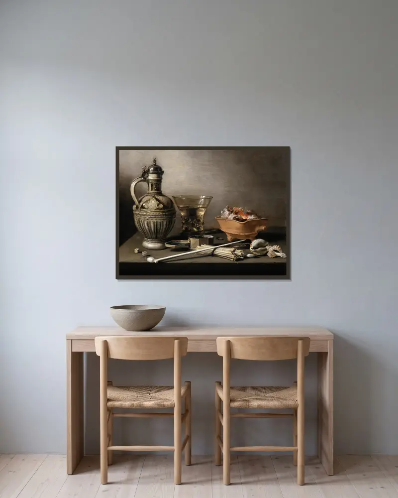 Stilleben med stengodskanna, berkemeyer-glas och rökdon av Pieter Claesz inramad på en vägg