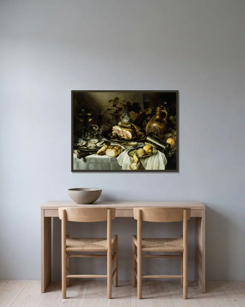 Still life with ham, 1640 av Pieter Claesz inramad på en vägg