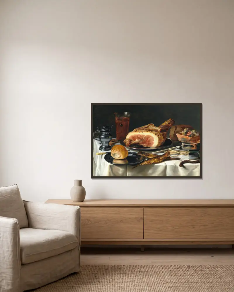 Stillleben mit Schinken, 1625 von Pieter Claesz gerahmt an einer Wand