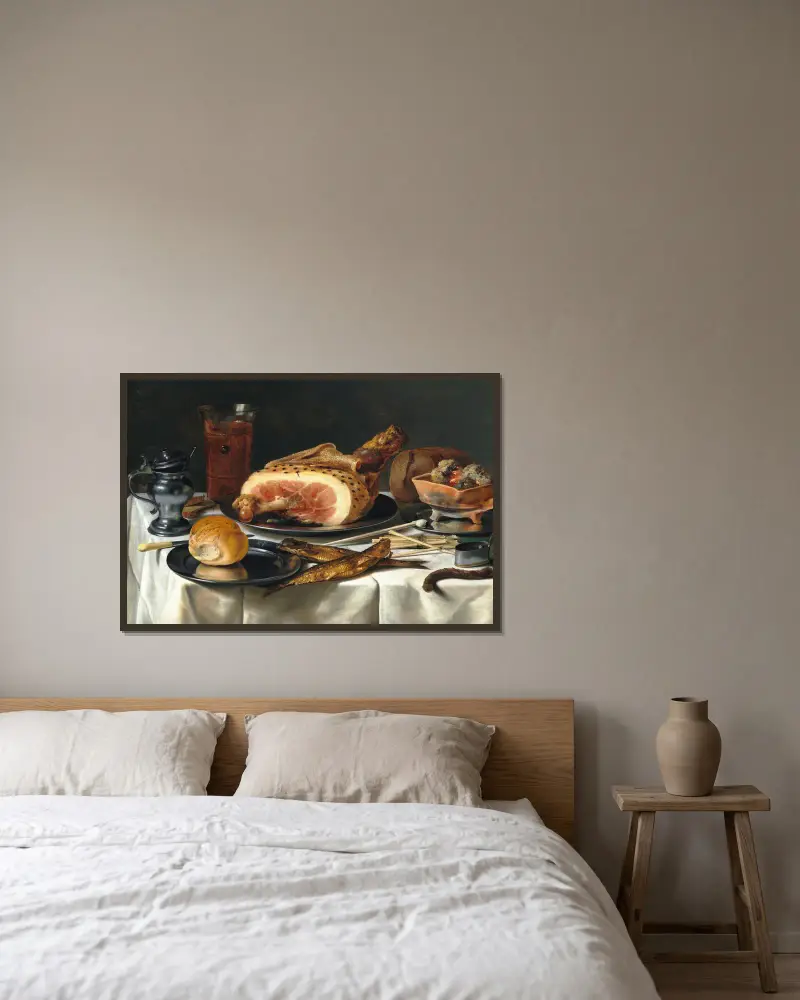 Stillleben mit Schinken, 1625 von Pieter Claesz gerahmt an einer Wand