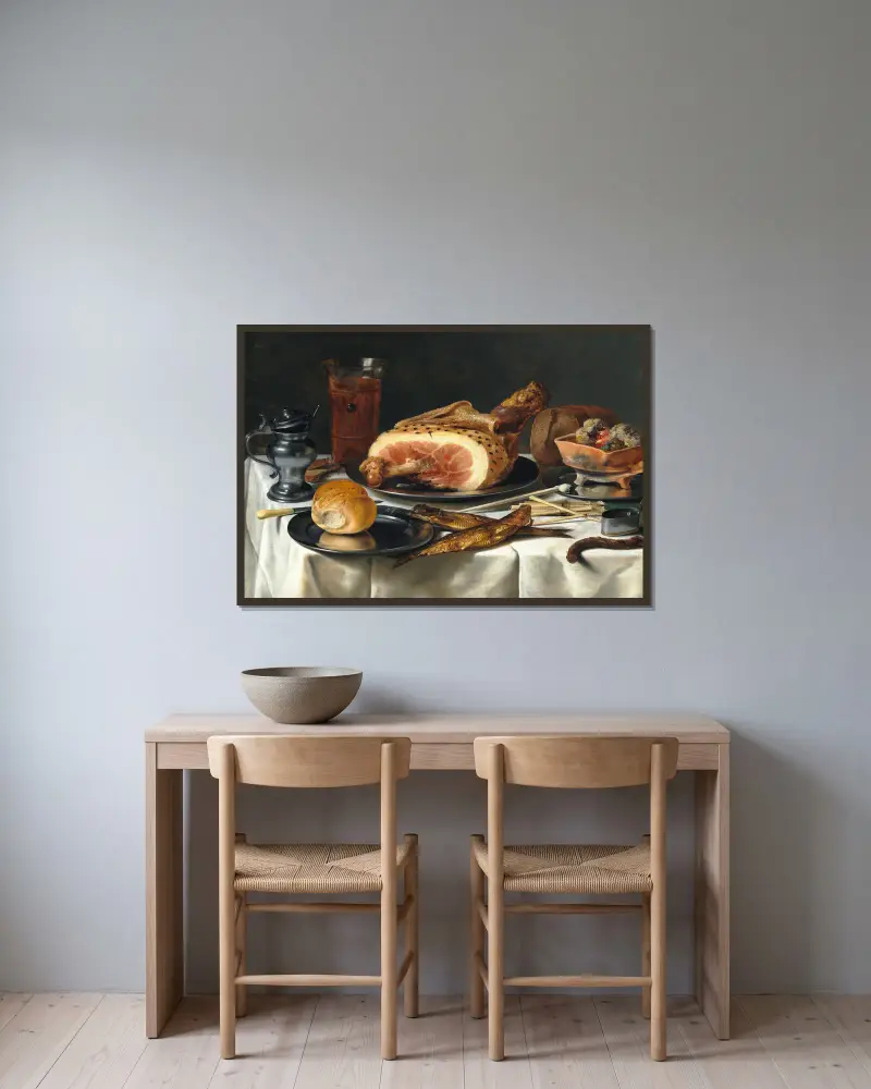 Stillleben mit Schinken, 1625 von Pieter Claesz gerahmt an einer Wand