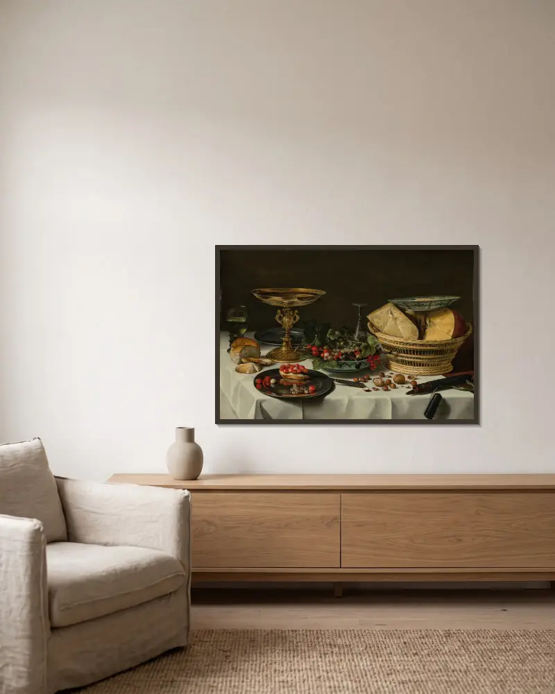 Erdbeeren, Johannisbeeren und Brot auf einer Zinnplatte von Pieter Claesz gerahmt an einer Wand