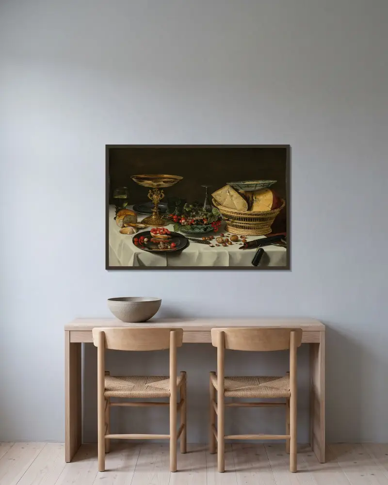 Erdbeeren, Johannisbeeren und Brot auf einer Zinnplatte von Pieter Claesz gerahmt an einer Wand