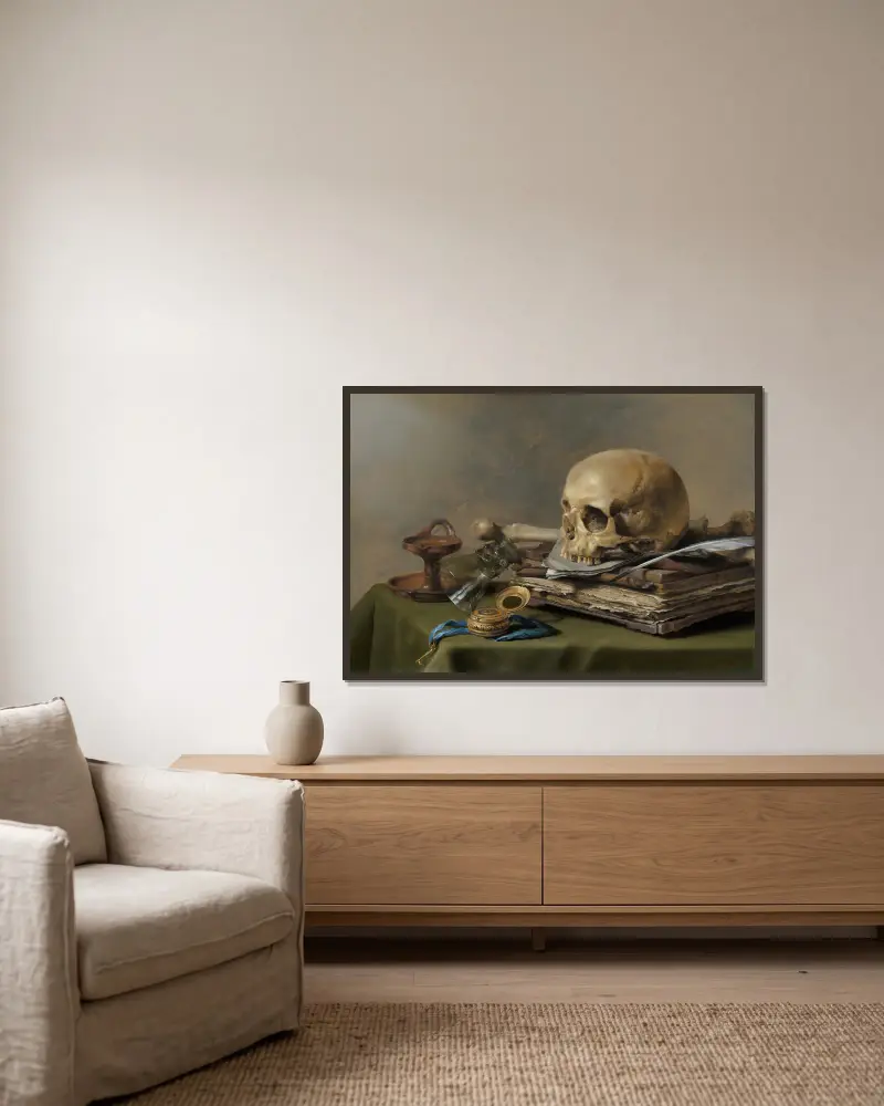 Vanitas Still Life av Pieter Claesz inramad på en vägg