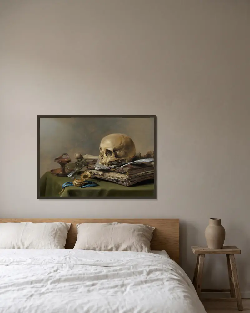 Vanitas Still Life av Pieter Claesz inramad på en vägg