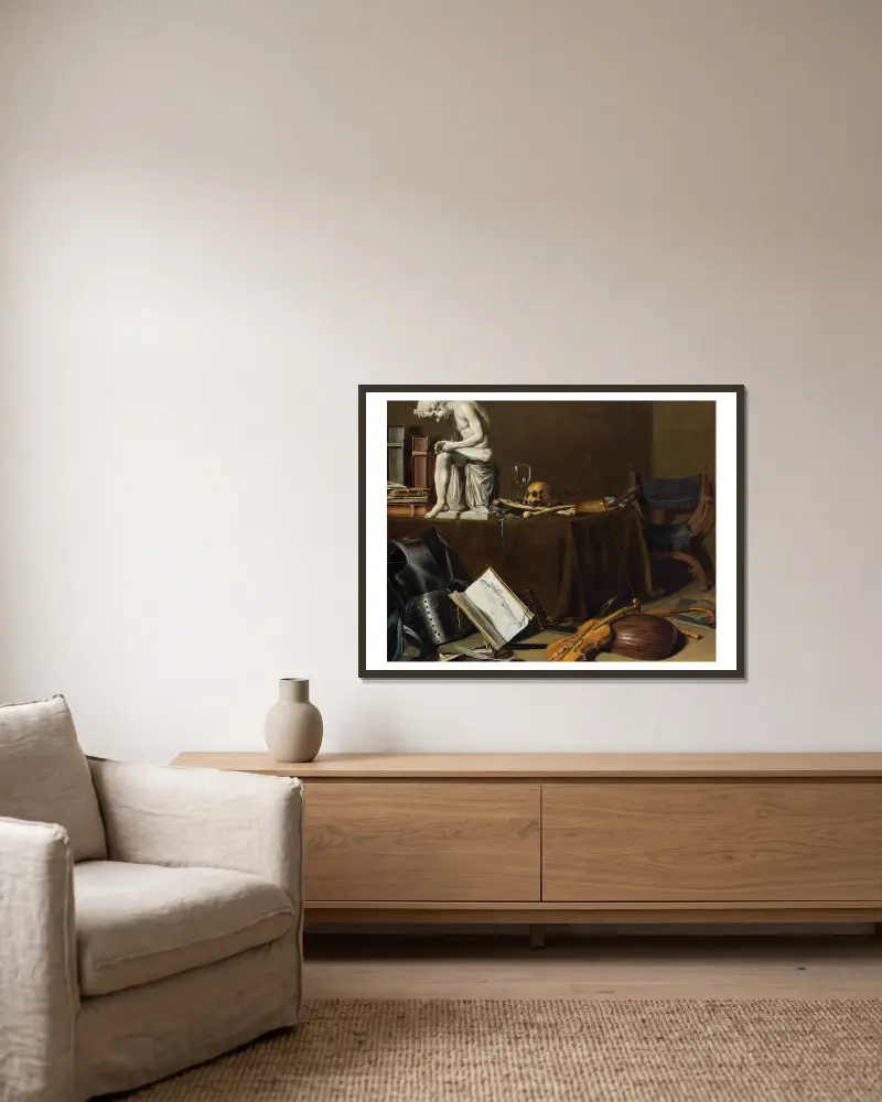 Vanitasstilleben med Spinario av Pieter Claesz inramad på en vägg