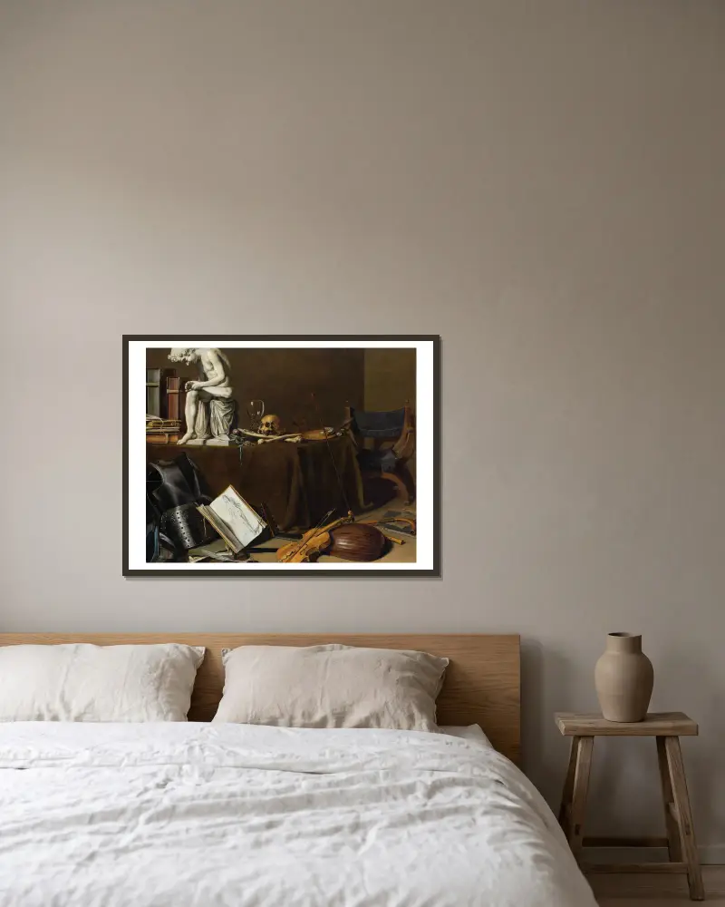 Vanitasstilleben med Spinario av Pieter Claesz inramad på en vägg