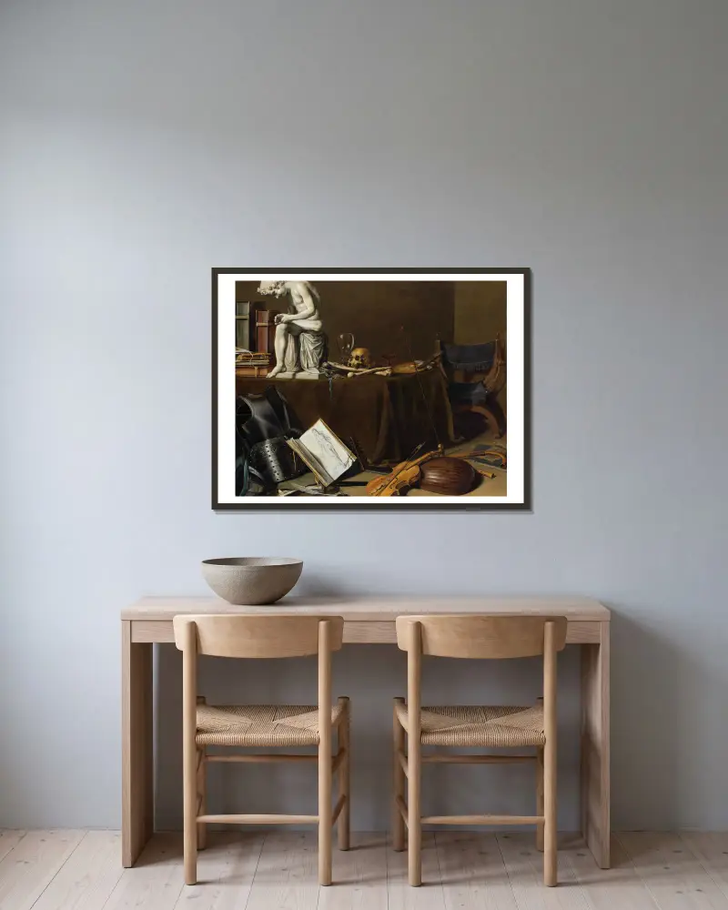 Vanitasstilleben med Spinario av Pieter Claesz inramad på en vägg
