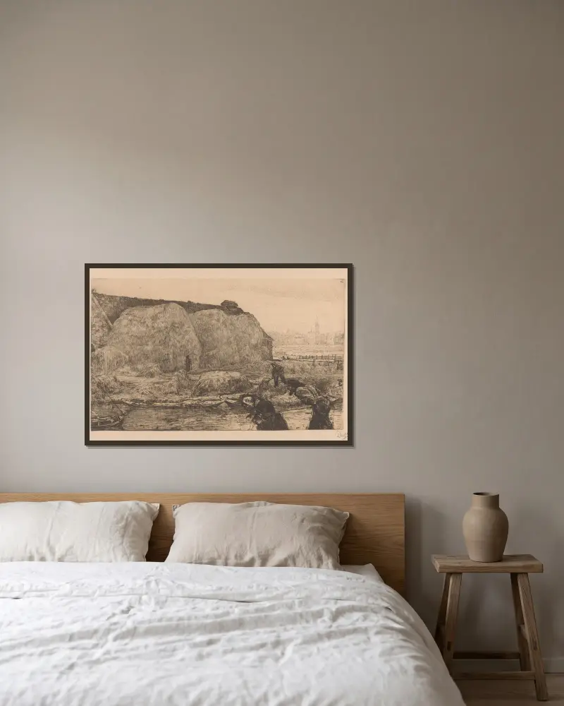 Bauernhof mit Heuhaufen am Jaagpad in Amsterdam von Pieter Dupont gerahmt an einer Wand