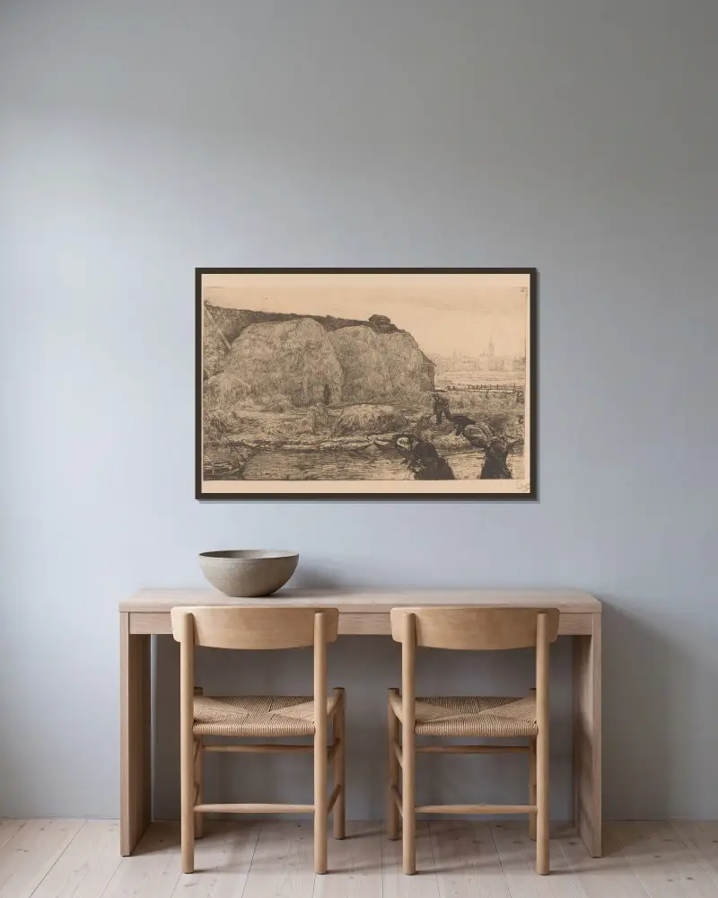 Bauernhof mit Heuhaufen am Jaagpad in Amsterdam von Pieter Dupont gerahmt an einer Wand