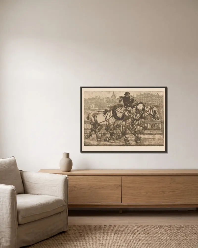 Drei Pferde auf dem Pont de Sully in Paris von Pieter Dupont gerahmt an einer Wand
