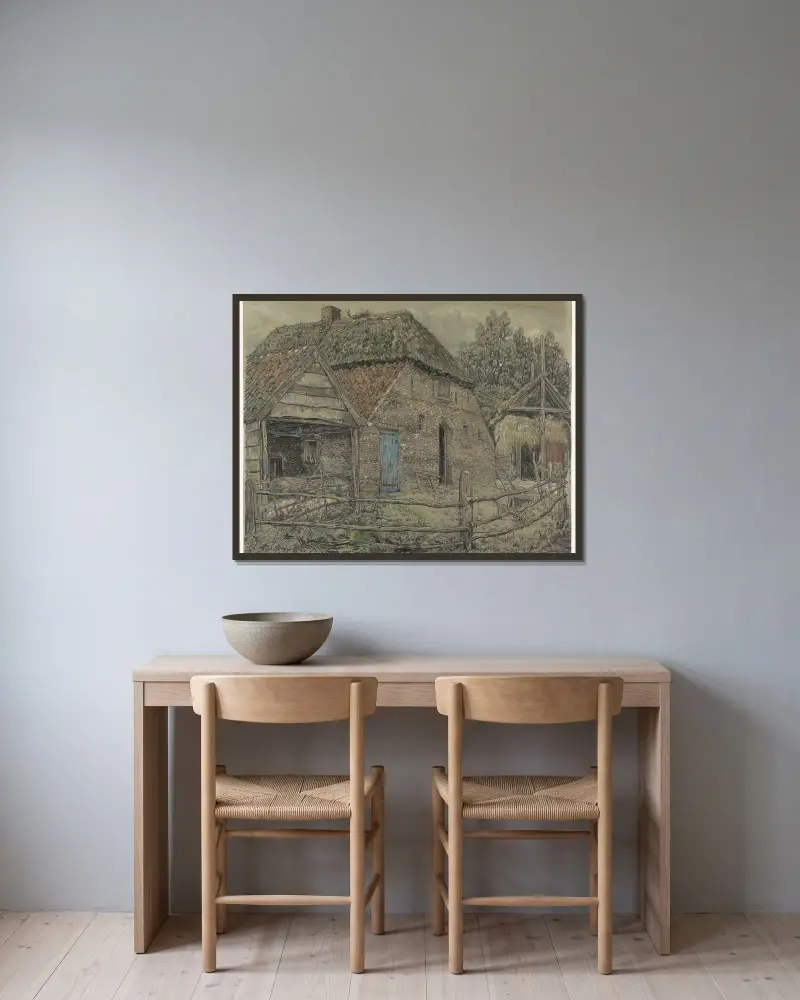 Stor bondgård med svinstia framför av Pieter Dupont inramad på en vägg