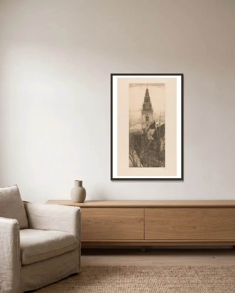 Turm der Oude Kerk in Amsterdam von Pieter Dupont gerahmt an einer Wand