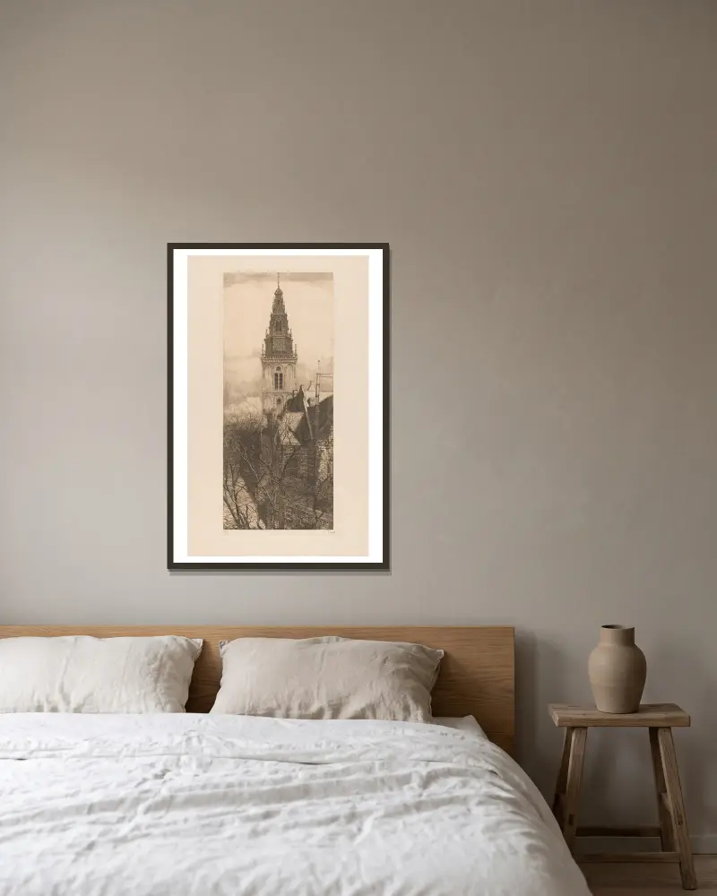Turm der Oude Kerk in Amsterdam von Pieter Dupont gerahmt an einer Wand