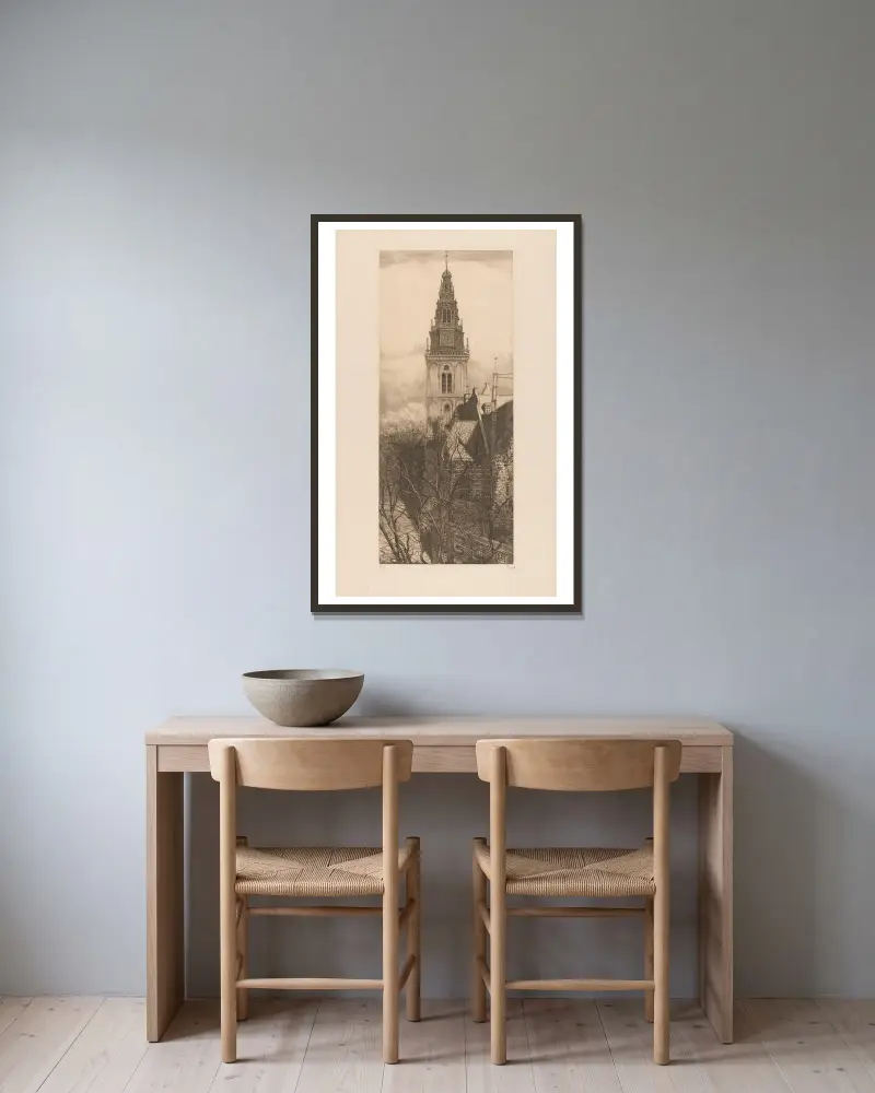 Turm der Oude Kerk in Amsterdam von Pieter Dupont gerahmt an einer Wand
