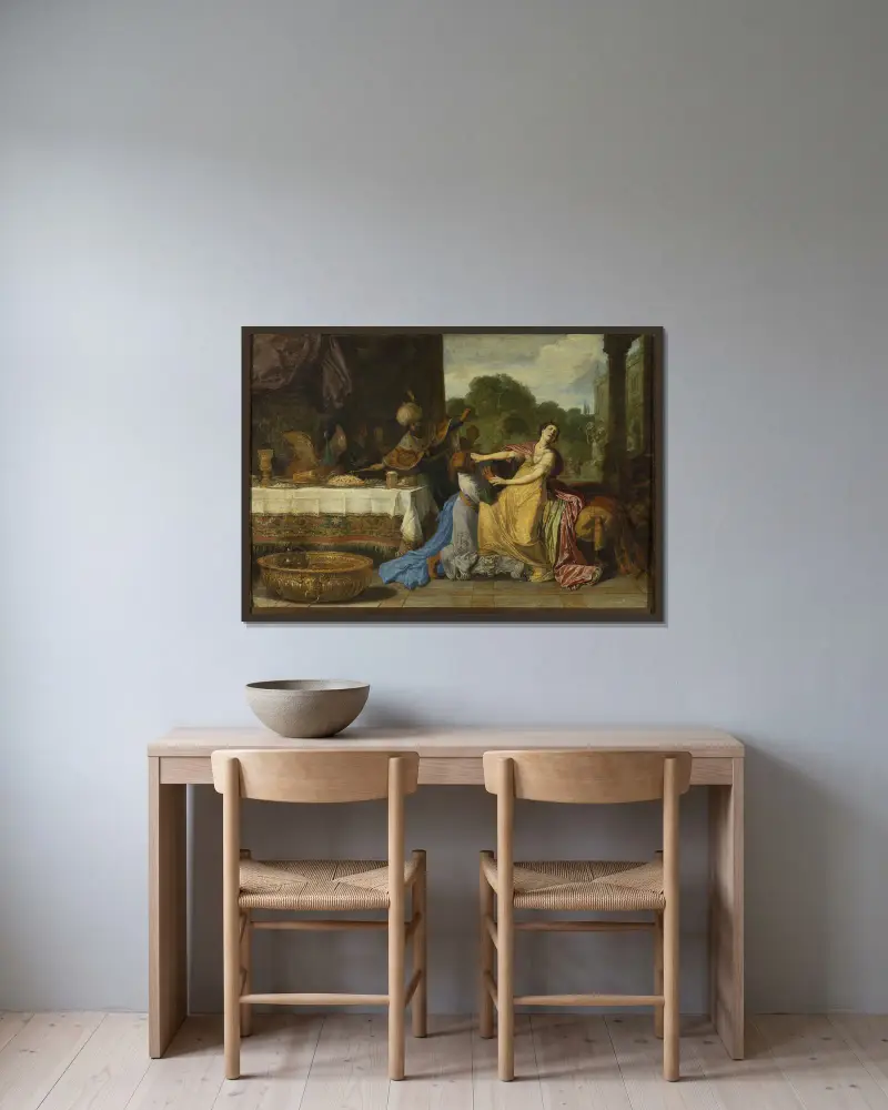 Haman bönfaller Ester om nåd (Esther 7:6–7) av Pieter Lastman inramad på en vägg