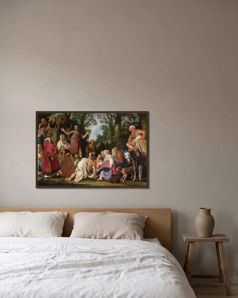 St John the Baptist Preaching av Pieter Lastman inramad på en vägg