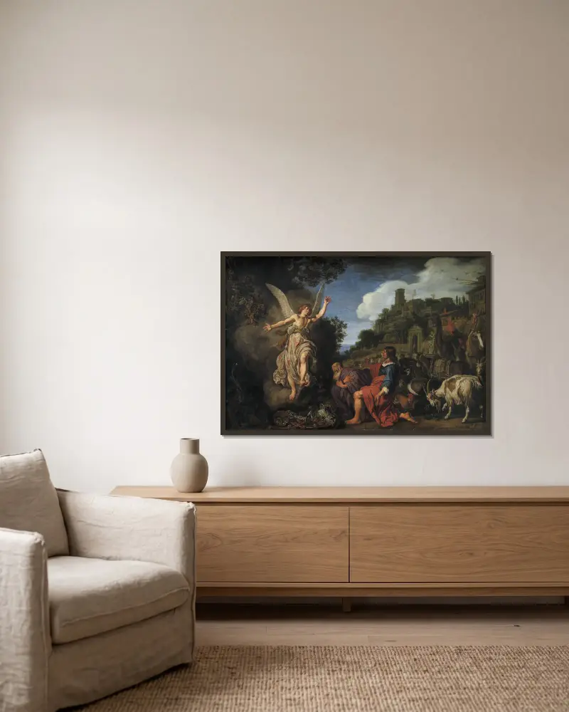 Ängeln Rafael tar farväl av den gamle Tobit och hans son Tobias av Pieter Lastman inramad på en vägg