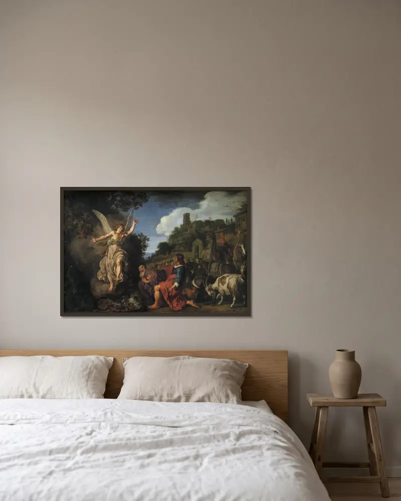 Ängeln Rafael tar farväl av den gamle Tobit och hans son Tobias av Pieter Lastman inramad på en vägg