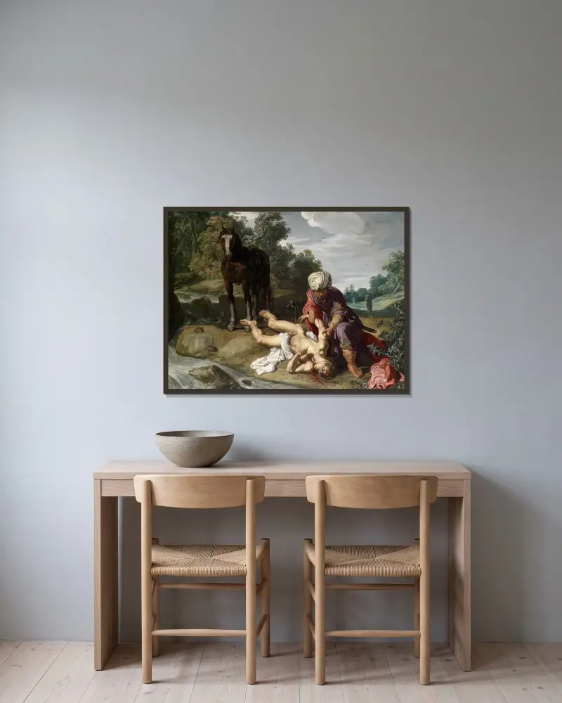 Den barmhärtige samariten förbinder resenärens sår av Pieter Lastman inramad på en vägg