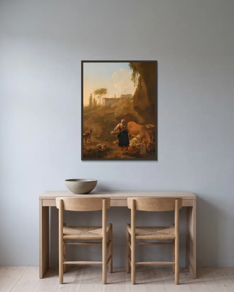 Kuperat sydligt landskap med två bondkvinnor, deras hjord och boskap som rastar vid en bäck av Nicolaes Pietersz. Berchem inramad på en vägg