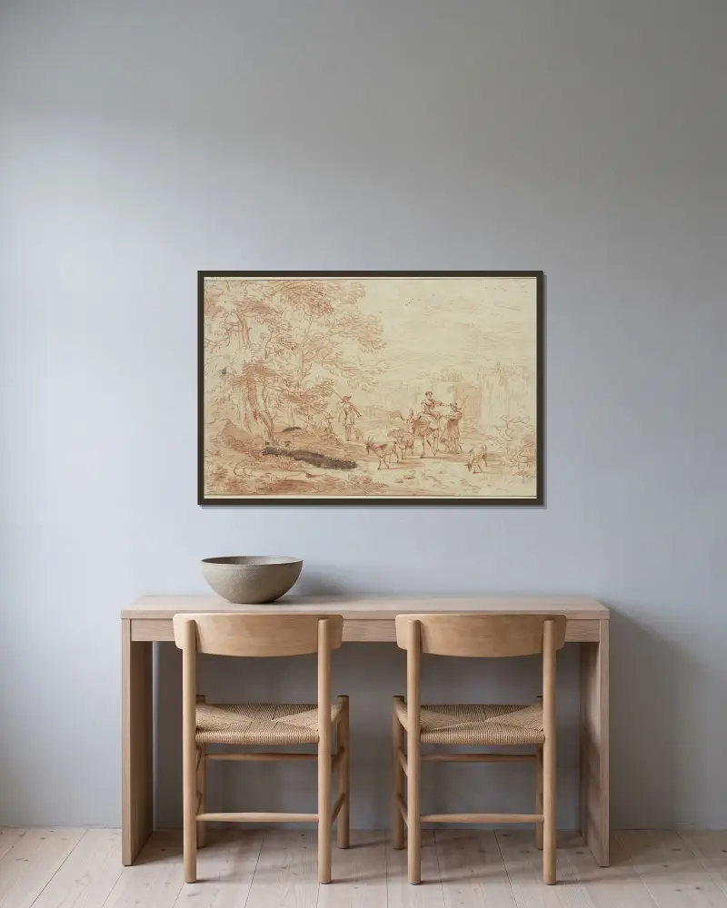 I skogsbrynet rastar jägare, därtill en herde och en herdinna på en åsna med två får och en get av Nicolaes Pietersz. Berchem inramad på en vägg