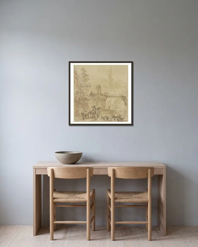 Borgruin, över vattnet en spång i förgrunden, herde med åsna och herdar till fots med boskap av Nicolaes Pietersz. Berchem inramad på en vägg