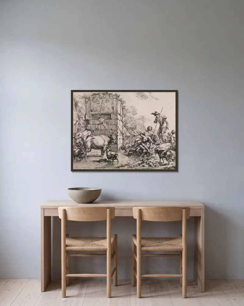 Pijąca krowa, Nicolaes Pietersz. Berchem w ramie na ścianie