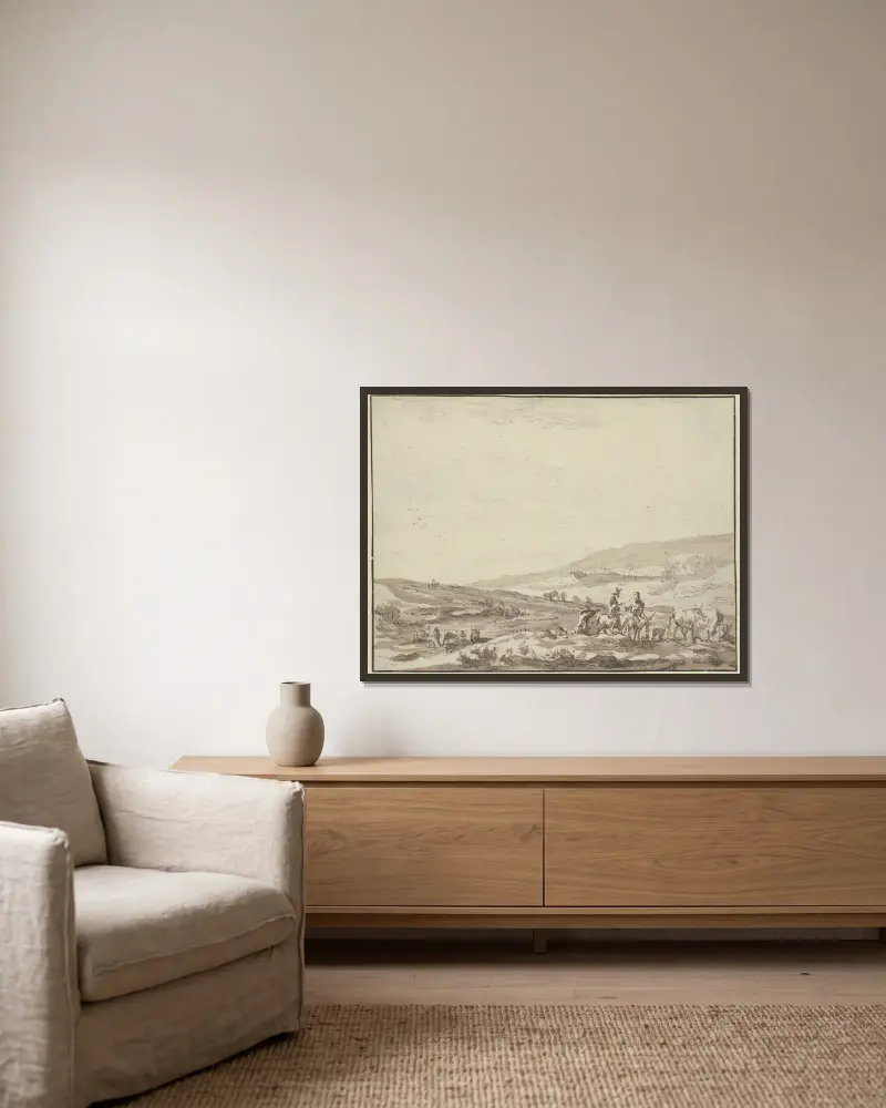 Kuperat landskap, till höger herde och herdinna ridande på åsnor med boskap av Nicolaes Pietersz. Berchem inramad på en vägg