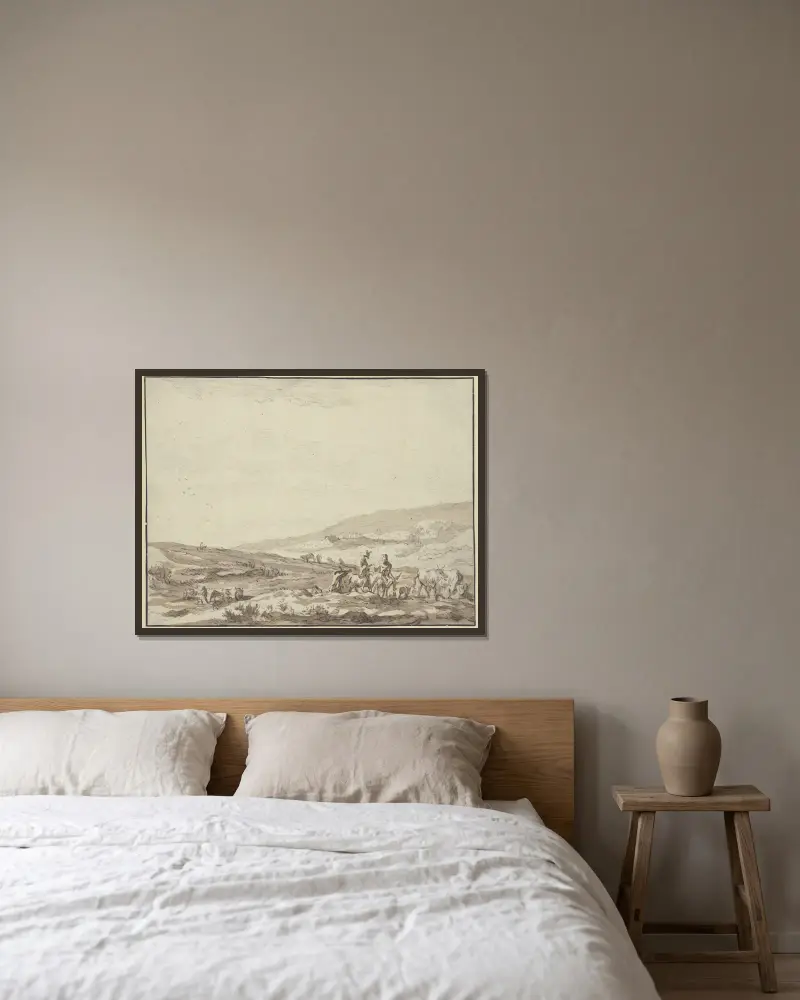 Kuperat landskap, till höger herde och herdinna ridande på åsnor med boskap av Nicolaes Pietersz. Berchem inramad på en vägg