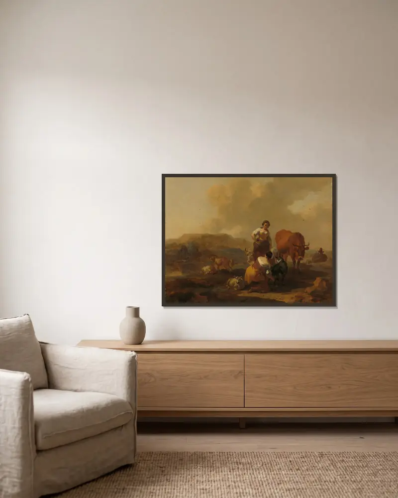 Italienskt landskap, 1655 av Nicolaes Pietersz. Berchem inramad på en vägg