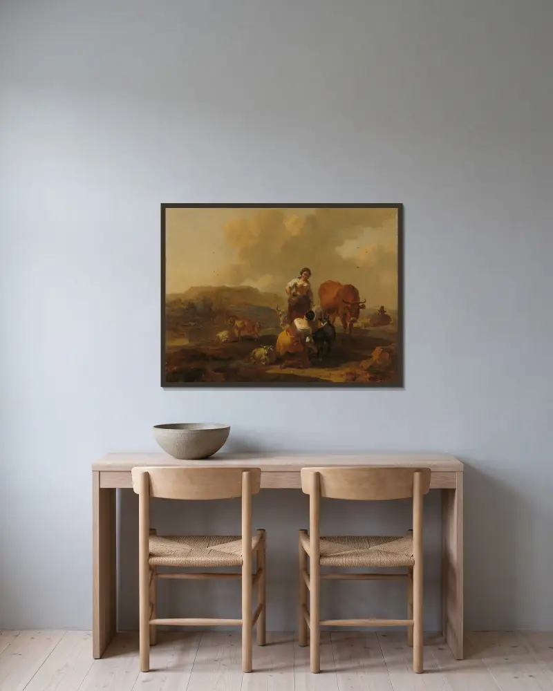Italienskt landskap, 1655 av Nicolaes Pietersz. Berchem inramad på en vägg