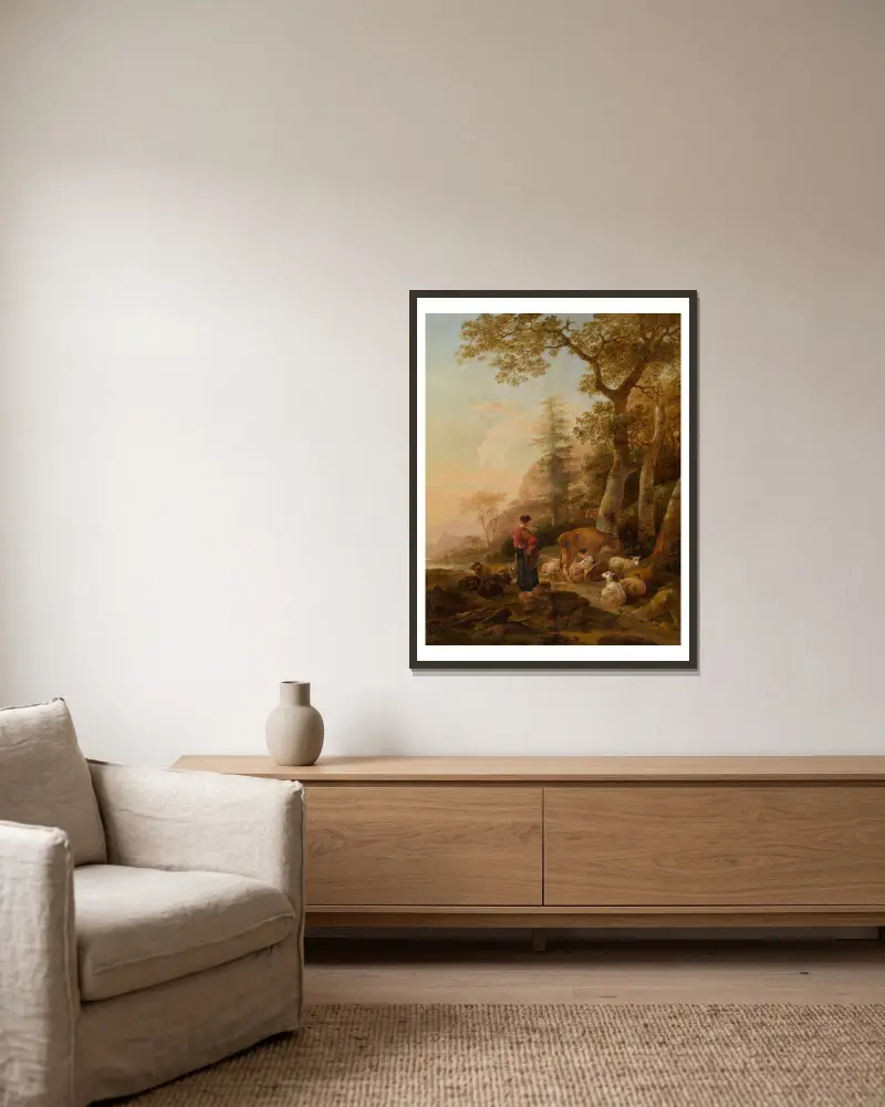 Italienische Landschaft, 1645 von Nicolaes Pietersz. Berchem gerahmt an einer Wand