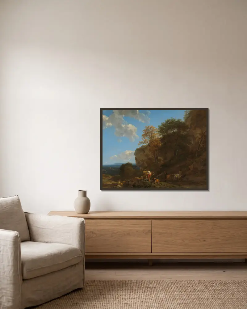 Italienskt landskap, 1650 av Nicolaes Pietersz. Berchem inramad på en vägg