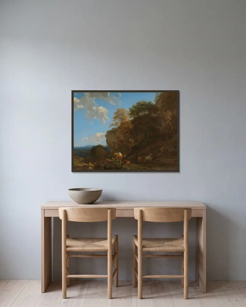 Italienskt landskap, 1650 av Nicolaes Pietersz. Berchem inramad på en vägg