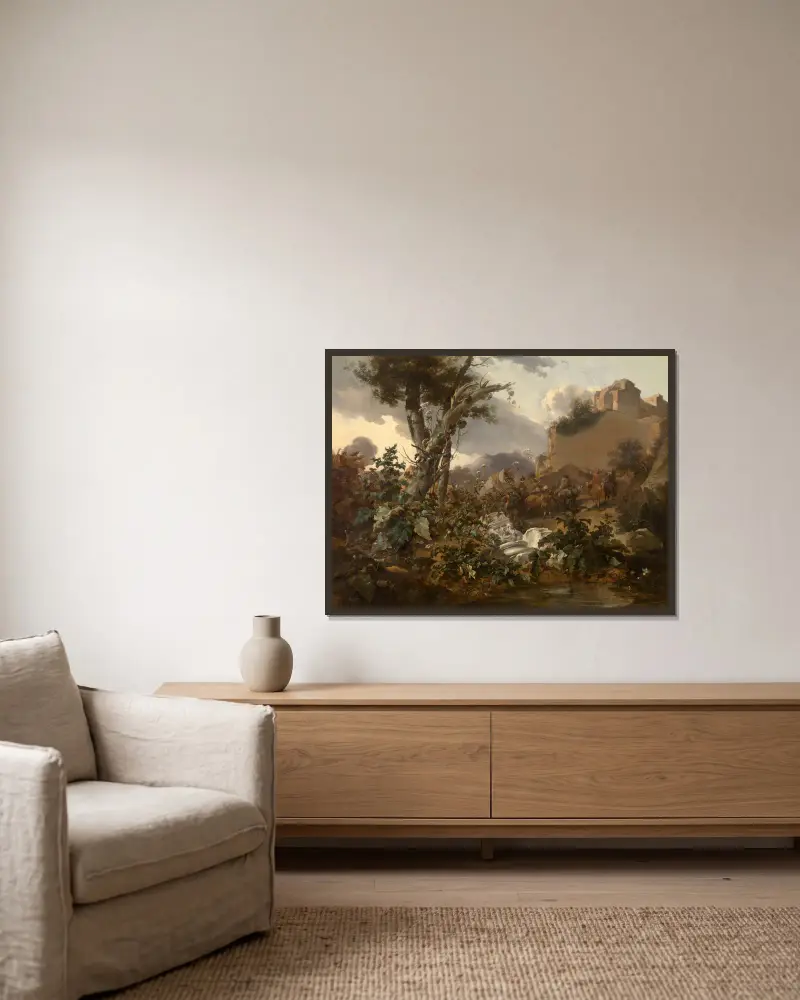 Italian Landscape with a Cavalry Battle av Nicolaes Pietersz. Berchem inramad på en vägg