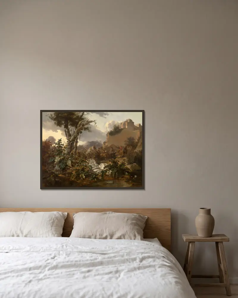 Italian Landscape with a Cavalry Battle av Nicolaes Pietersz. Berchem inramad på en vägg