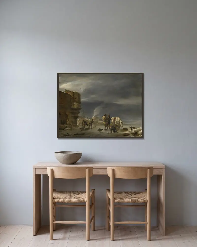 Auf dem Eis nahe einer Stadt von Nicolaes Pietersz. Berchem gerahmt an einer Wand