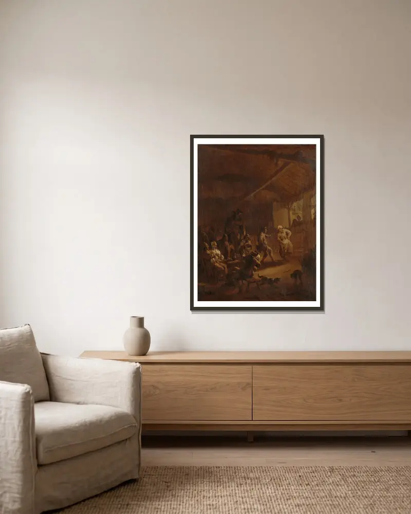 Dansande bönder i en lada av Nicolaes Pietersz. Berchem inramad på en vägg