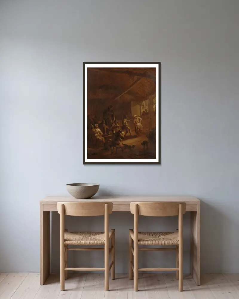 Dansande bönder i en lada av Nicolaes Pietersz. Berchem inramad på en vägg