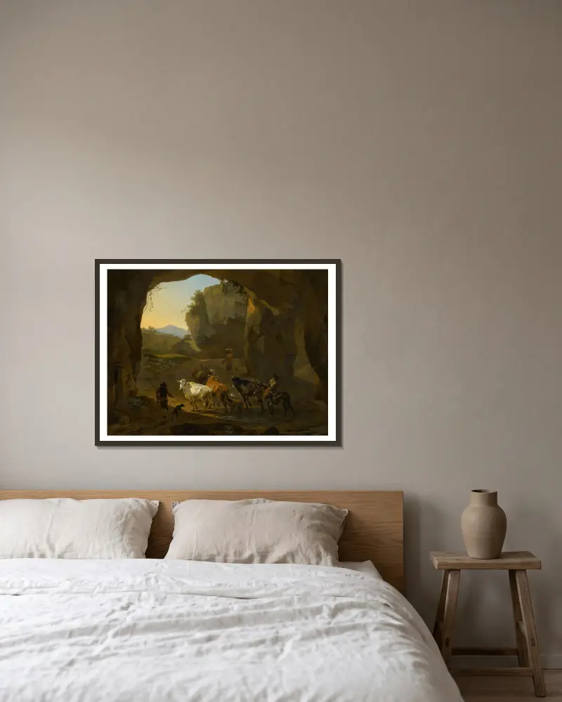 Bönder med boskap i en grotta av Nicolaes Pietersz. Berchem inramad på en vägg