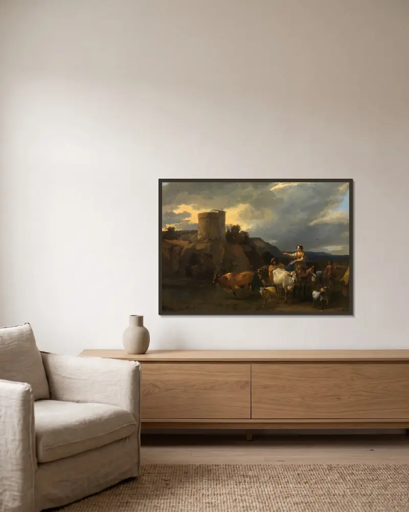 Rückkehr von der Weide von Nicolaes Pietersz. Berchem gerahmt an einer Wand