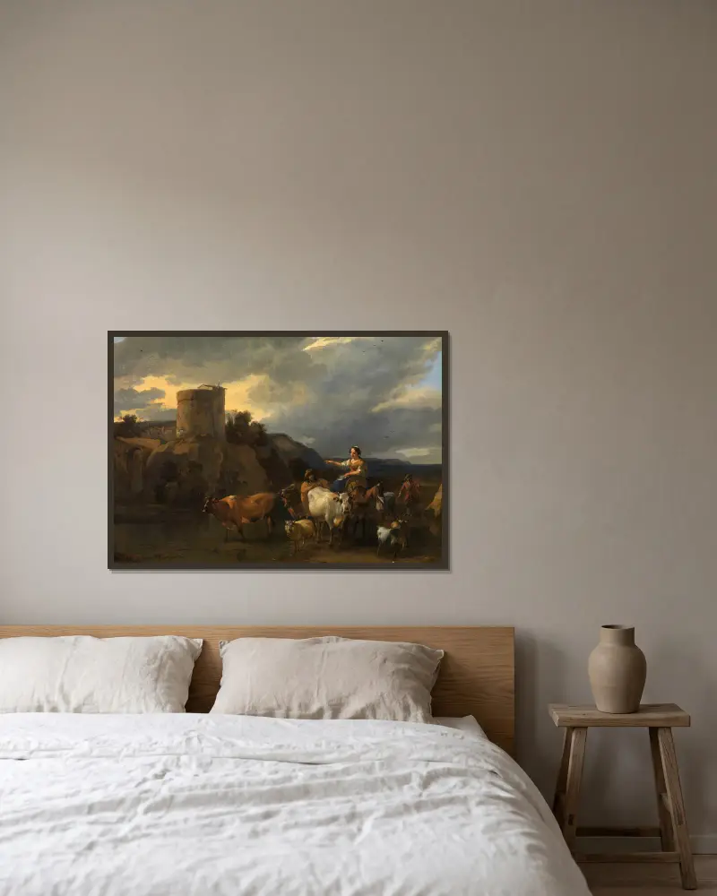 Rückkehr von der Weide von Nicolaes Pietersz. Berchem gerahmt an einer Wand