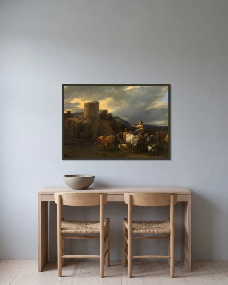 Rückkehr von der Weide von Nicolaes Pietersz. Berchem gerahmt an einer Wand